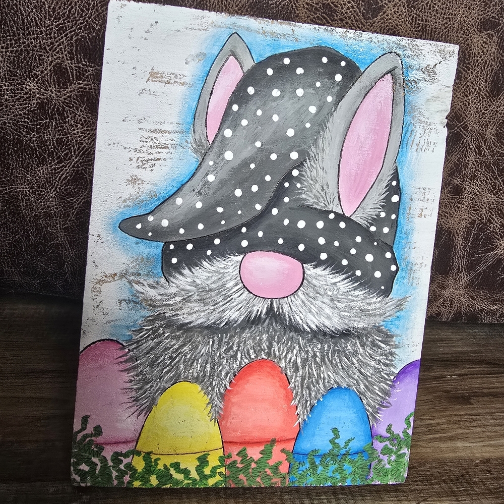 Easter Gnome Original Acrylic Painting On Wood 6x8in